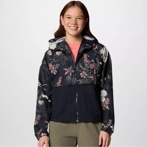Black Columbia Women’s Packable Raincoat with floral bird print size large